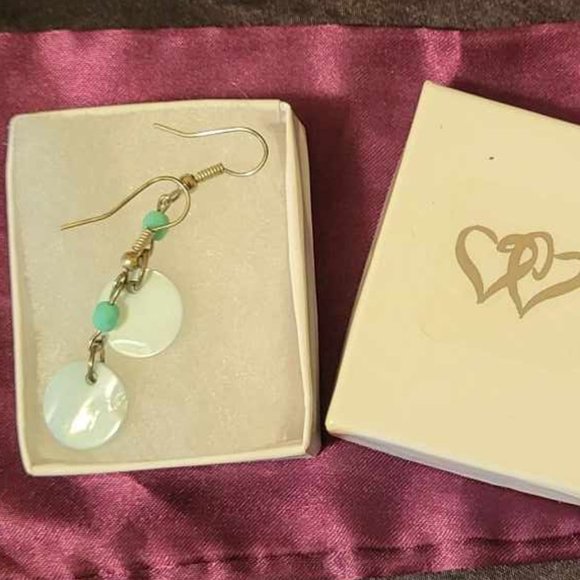 Turquoise Color Bead & Shell Hook Earrings - Picture 3 of 3